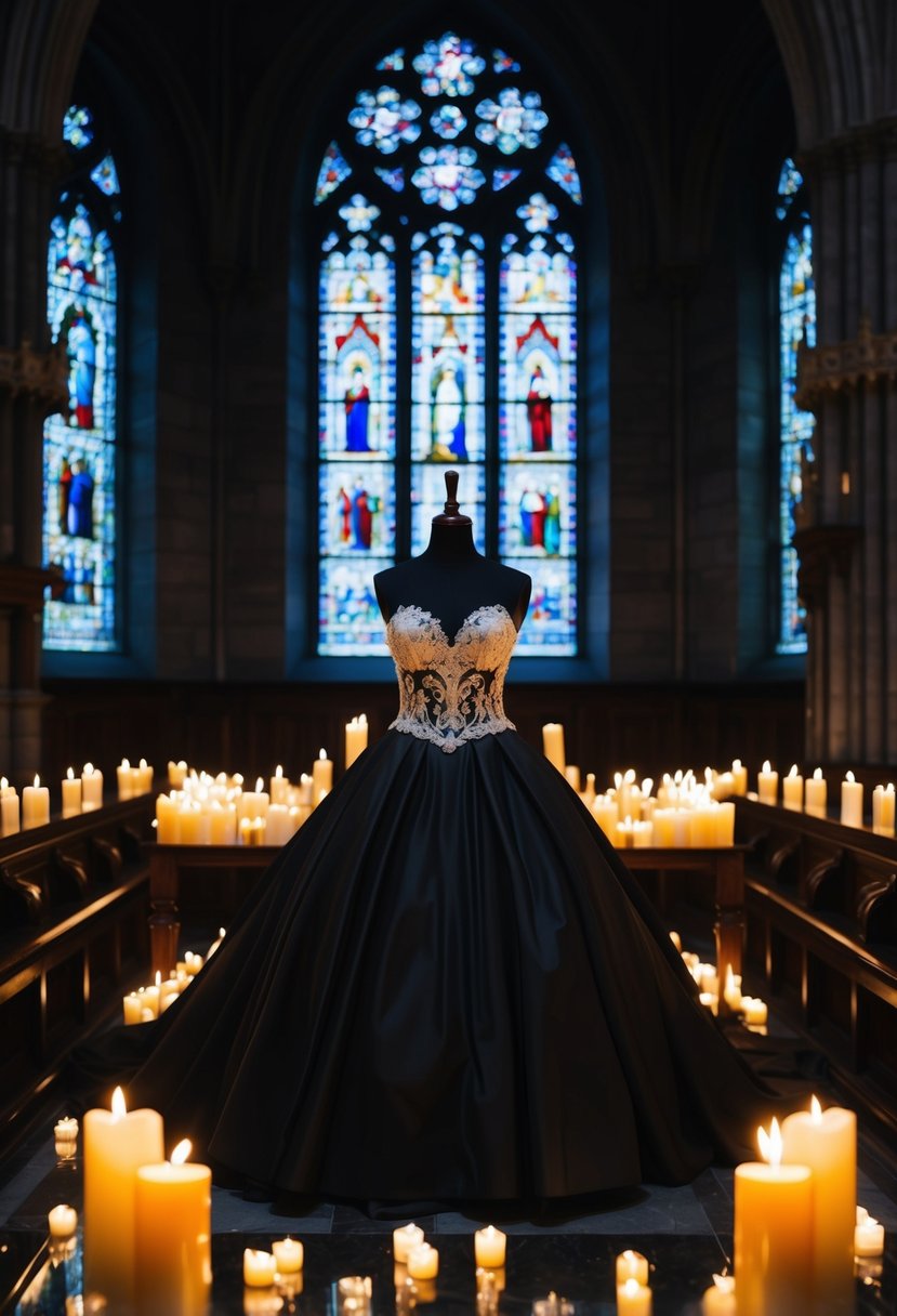 A dimly lit gothic cathedral with stained glass windows, a black ball gown wedding dress displayed on a mannequin surrounded by flickering candlelight