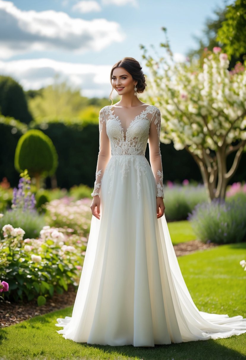 A bride standing in a garden, wearing a flowing long-sleeve wedding dress with intricate lace details, surrounded by blooming flowers and greenery