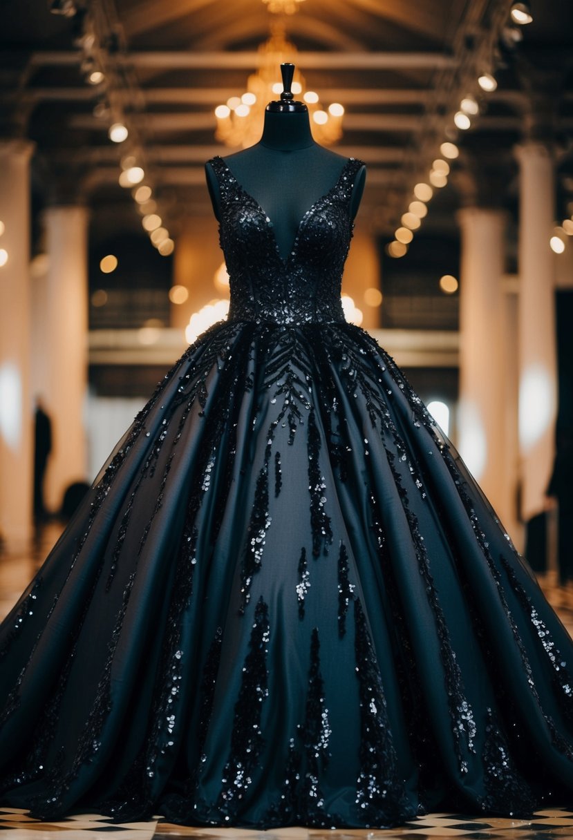 A dramatic ball gown with black sequins cascading down the full skirt, creating a stunning and elegant black wedding dress