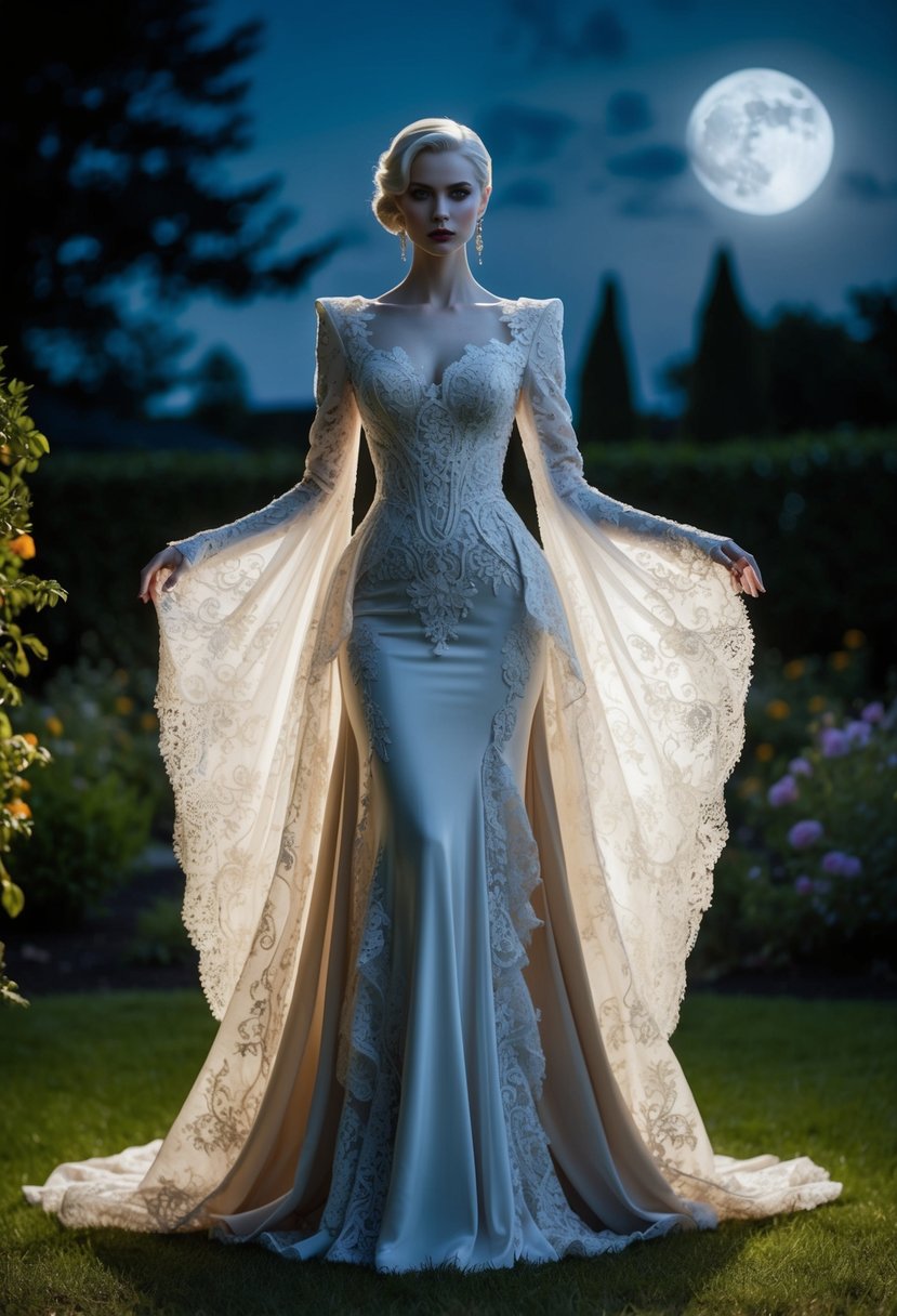 A figure stands in a moonlit garden, wearing an elaborate asymmetric Gothic evening dress with intricate lace and dramatic flowing fabric