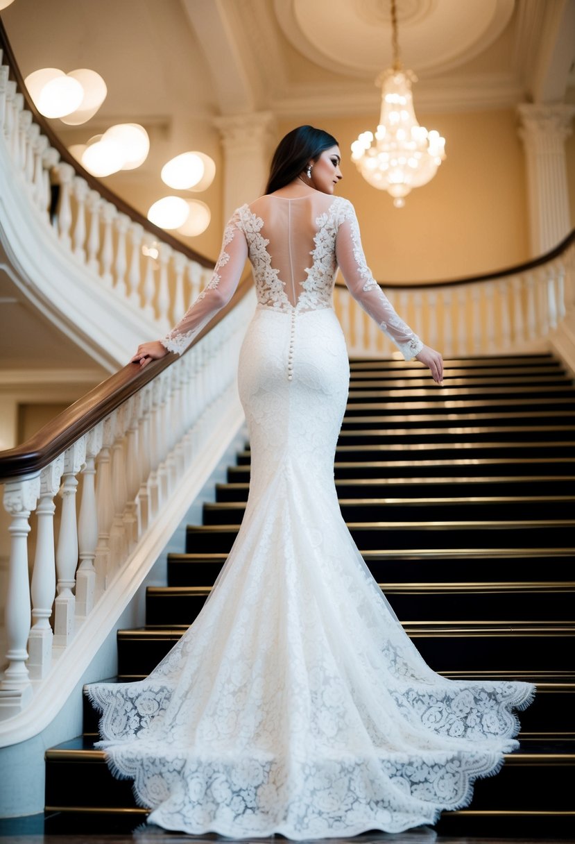 A lace mermaid dress with sheer sleeves, cascading down a grand staircase, catching the light in a luxurious ballroom