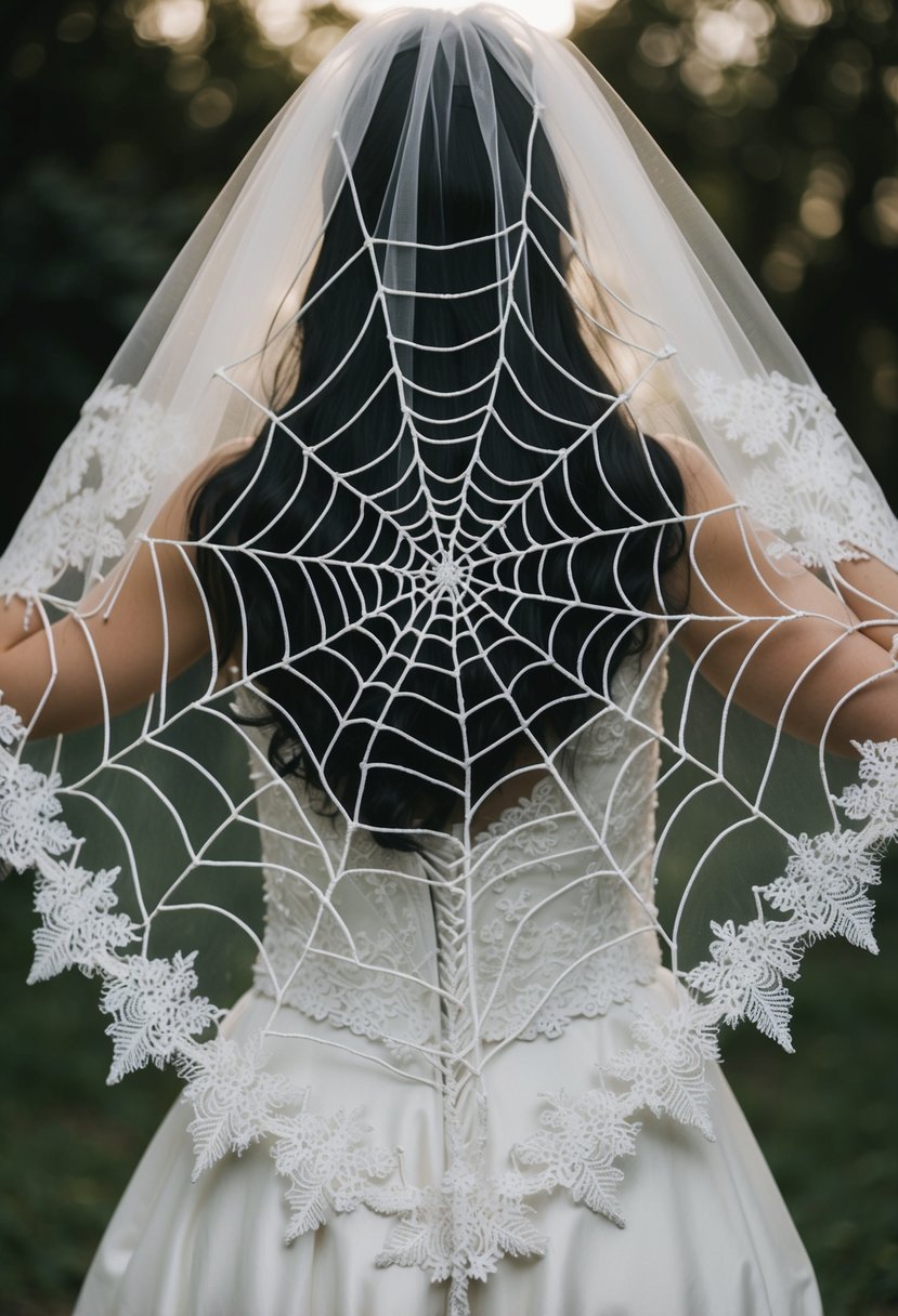 A spiderweb lace wedding veil drapes over a gothic wedding dress, creating a hauntingly beautiful and eerie atmosphere