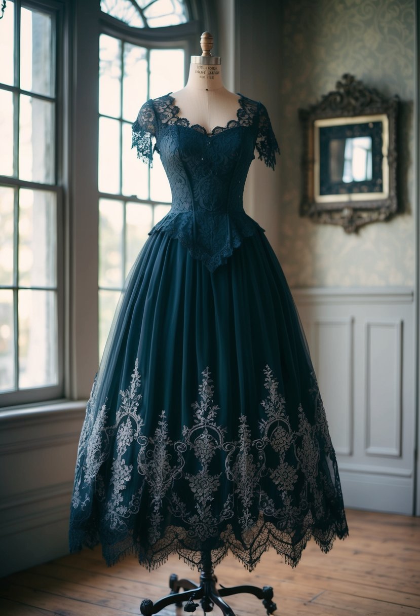 A black lace Victorian wedding dress displayed on a vintage dress form with ornate details and intricate embroidery