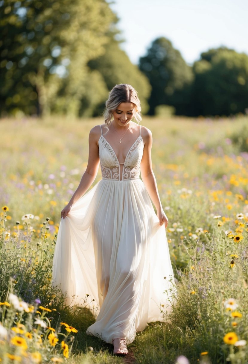 A bride in a vintage-inspired boho gown walks through a field of wildflowers, with the sunlight filtering through the trees in the background