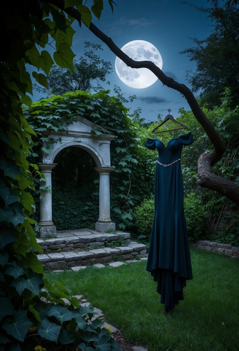 A moonlit garden with overgrown ivy and a crumbling stone altar, where a dark romantic off-shoulder gown hangs from a twisted tree branch