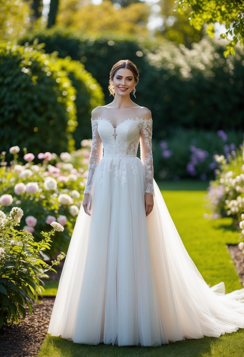 A bride stands in a garden, wearing an off-the-shoulder tulle wedding dress with long sleeves, surrounded by blooming flowers and lush greenery