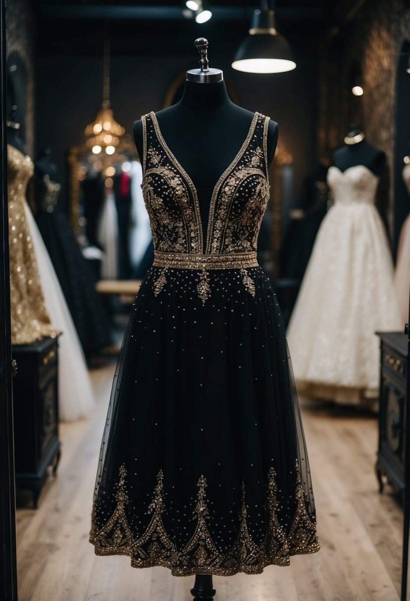 A vintage mannequin in a dimly lit gothic bridal boutique wears a black and gold embellished dress.