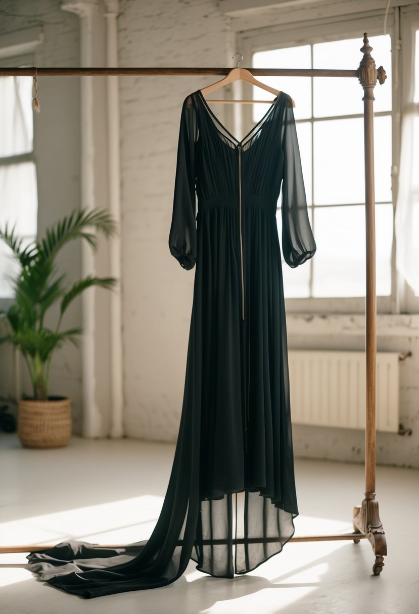 A flowing black chiffon dress hangs from a vintage coat rack in a sunlit bohemian studio