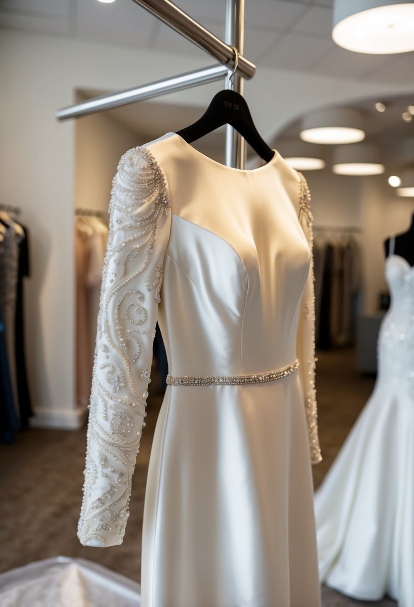 A modern satin wedding dress with intricate beaded sleeves, hanging on a sleek mannequin in a softly lit bridal boutique