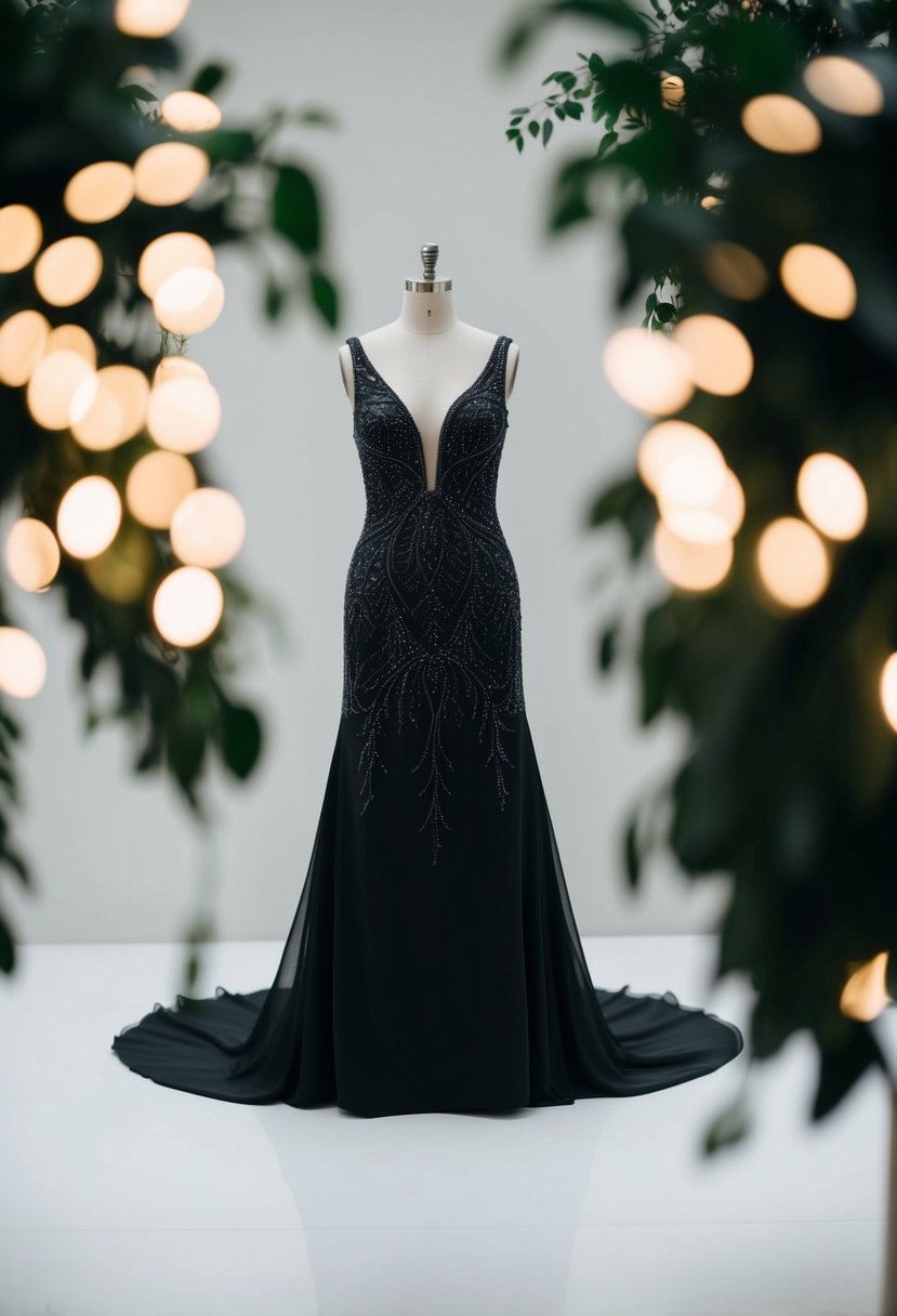 A classic A-line black wedding dress with intricate beaded details cascading down the bodice and skirt, creating an elegant and timeless look