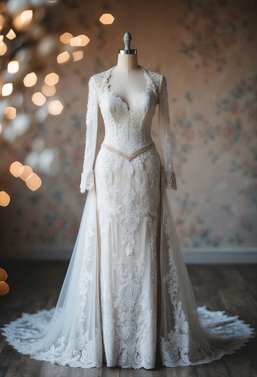 A Victorian-inspired lace wedding dress with intricate floral patterns and long sleeves, adorned with delicate beading and a flowing train