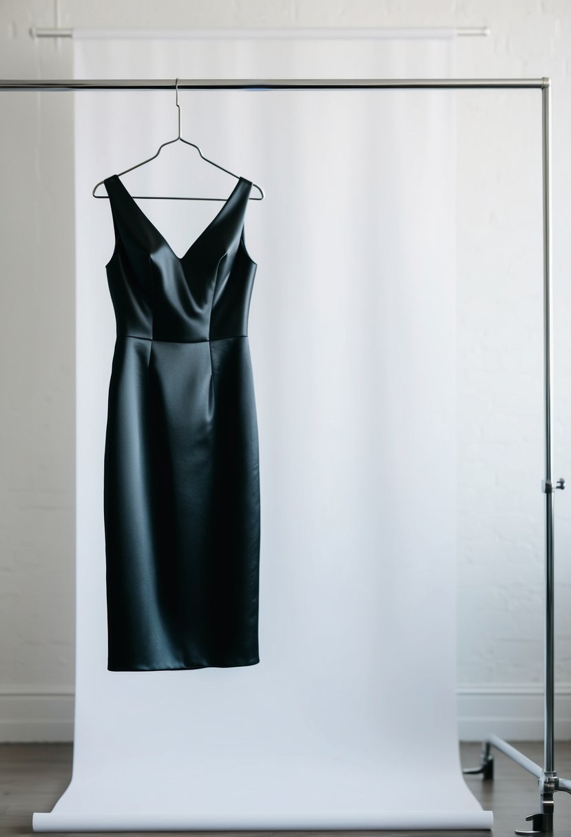 A sleek black satin sheath dress hanging on a minimalist wire hanger against a clean white backdrop