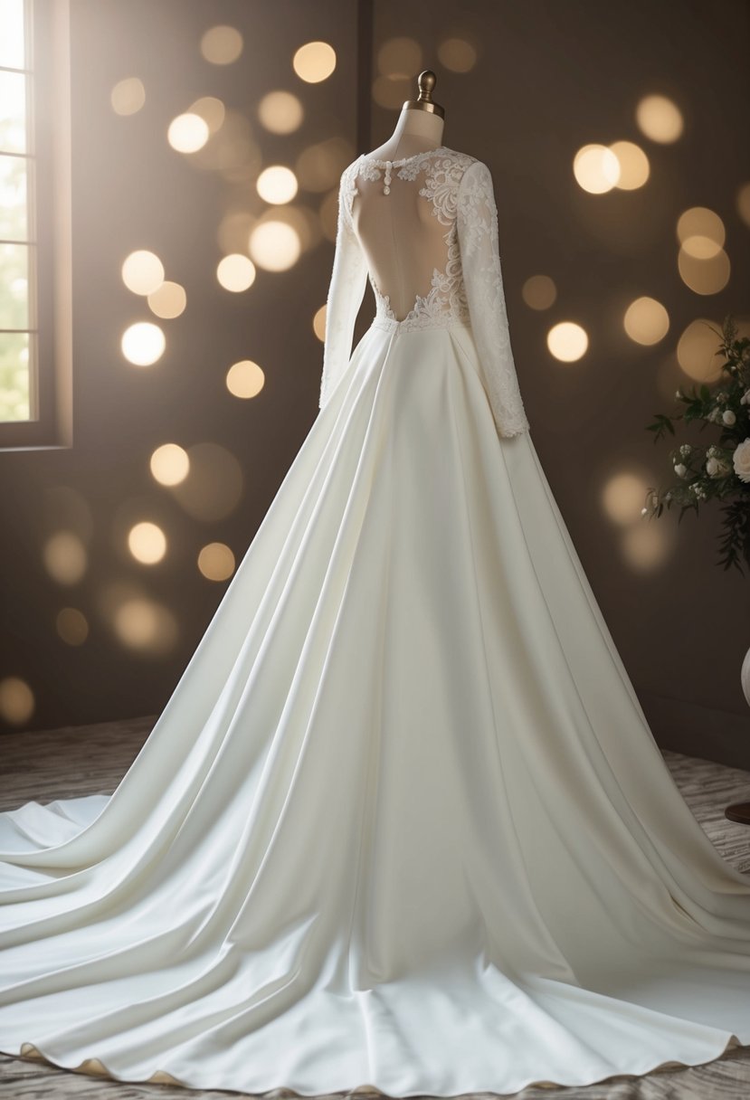 An elegant A-line wedding gown with a sheer illusion back, adorned with delicate lace and long sleeves, flowing gracefully on a mannequin