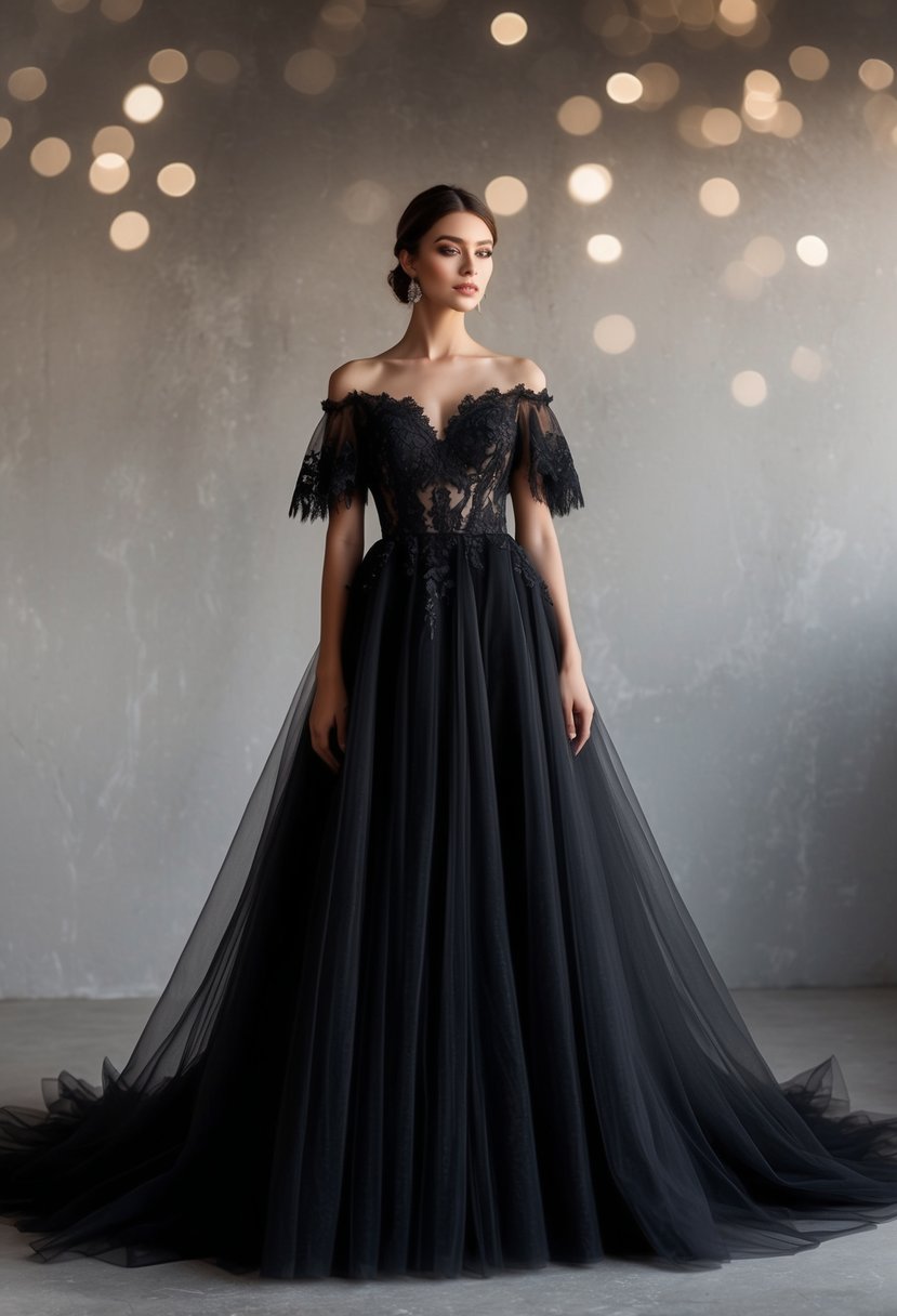 A black tulle wedding dress with off-the-shoulder neckline, delicate lace details, and a flowing, ethereal silhouette