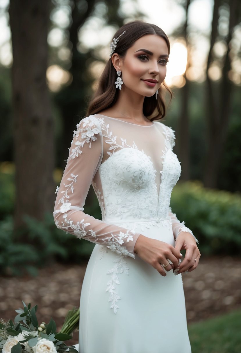 A long sleeve wedding dress with sheer sleeves adorned with delicate floral appliqué