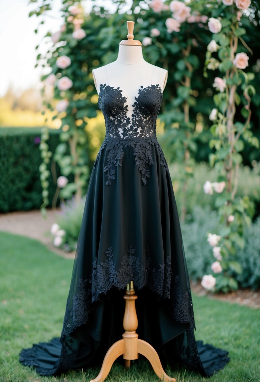 A black wedding dress with a high-low hem and floral lace, set against a romantic garden backdrop with trailing vines and blooming flowers