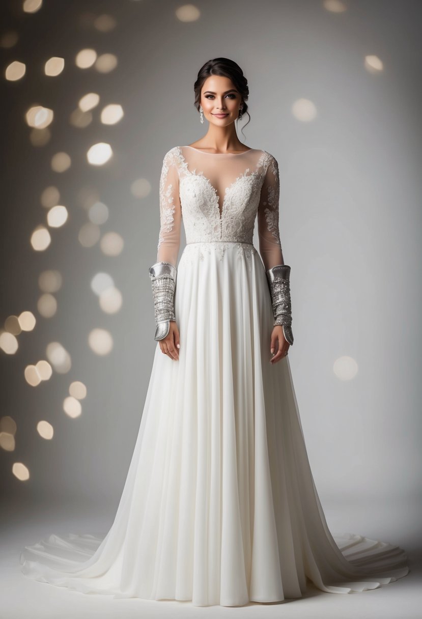 A bride stands in a flowing long sleeve wedding dress, with detachable gauntlets adding versatility to her look