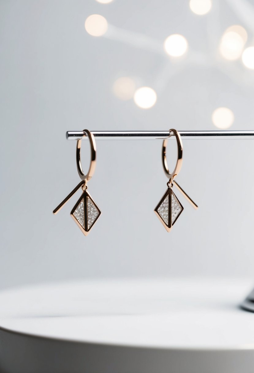 A sleek, minimalist pair of geometric earrings with a touch of sparkle, displayed on a clean, white background