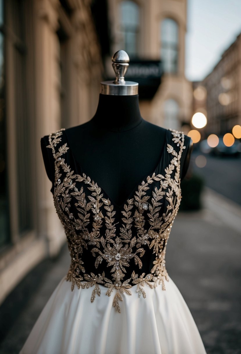 A black wedding dress with intricate gold embroidery cascading down the bodice and skirt