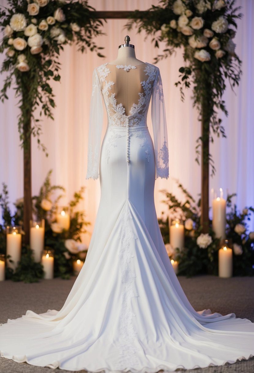 A long-sleeved wedding dress with delicate lace details and a flowing train, set against a backdrop of elegant floral arrangements and soft candlelight