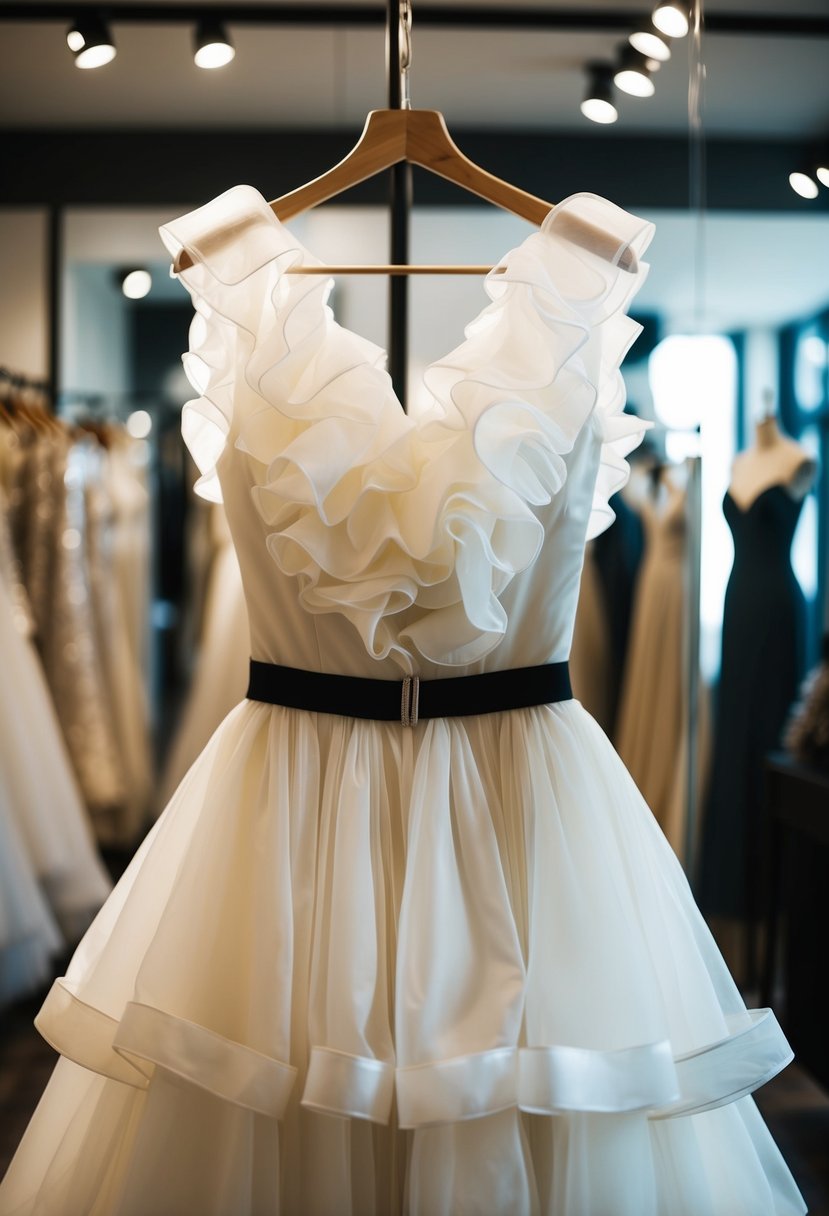 A ruffled organza wedding dress with a black belt, hanging on a mannequin in a dimly lit bridal boutique