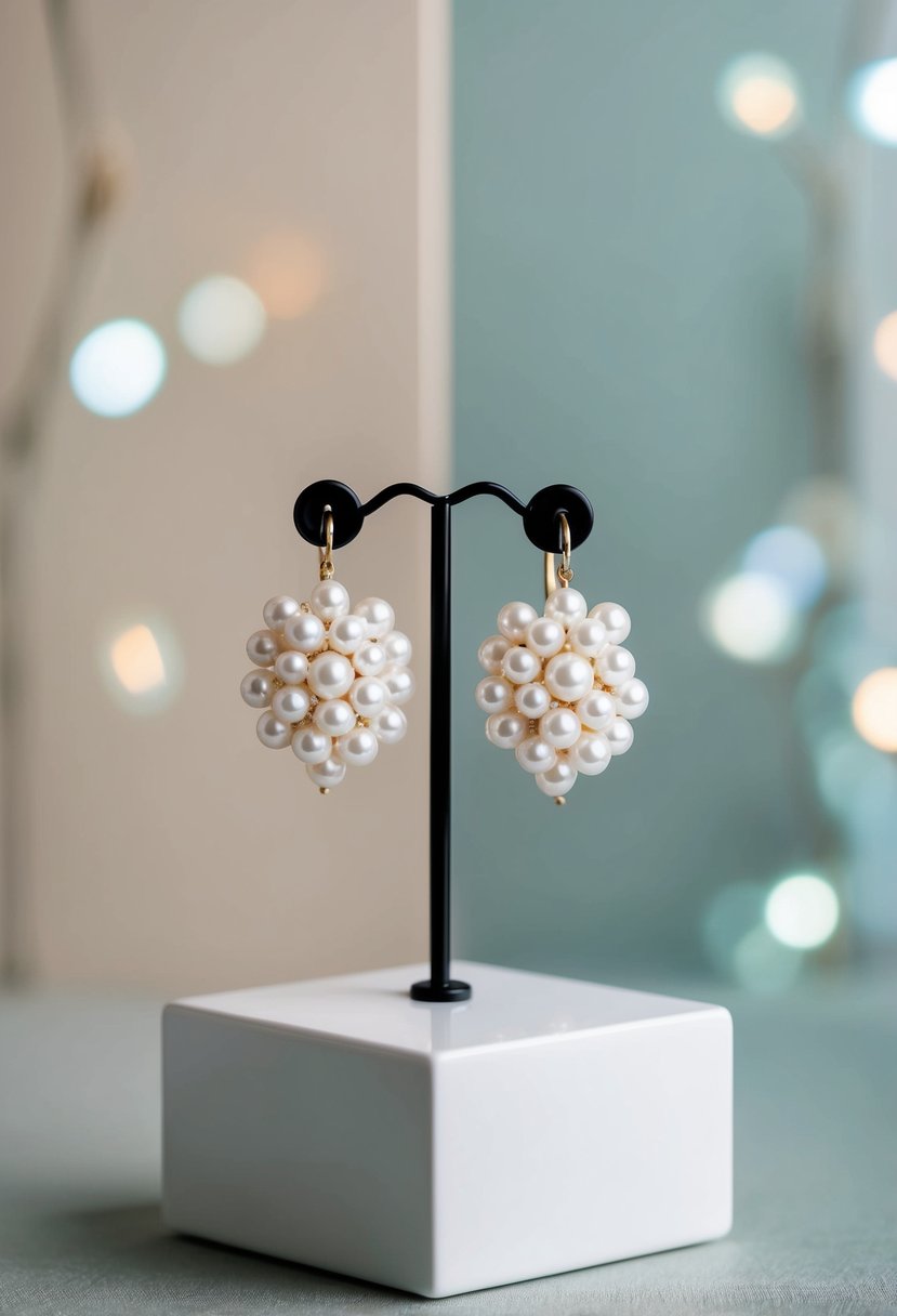 A pair of pearl cluster huggie earrings displayed on a sleek, minimalist pedestal against a backdrop of soft, muted colors