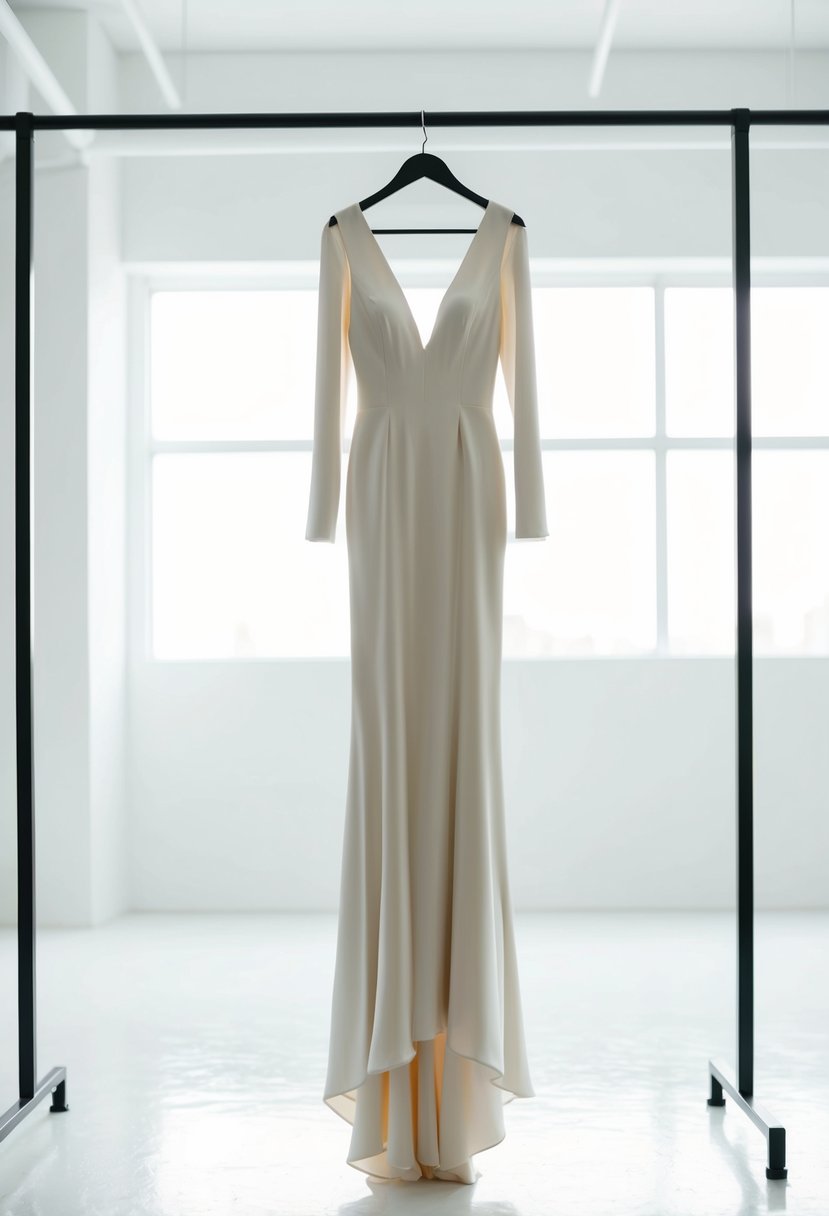 A sleek, minimalist silk wedding dress with long sleeves, hanging on a modern clothing rack in a bright, airy studio