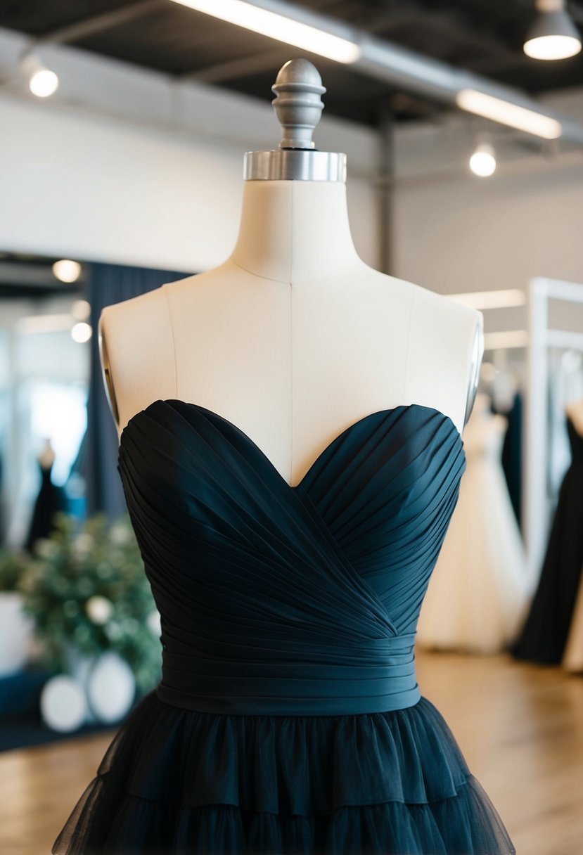 A black wedding dress with tiered tulle and a sweetheart neckline, draped over a mannequin