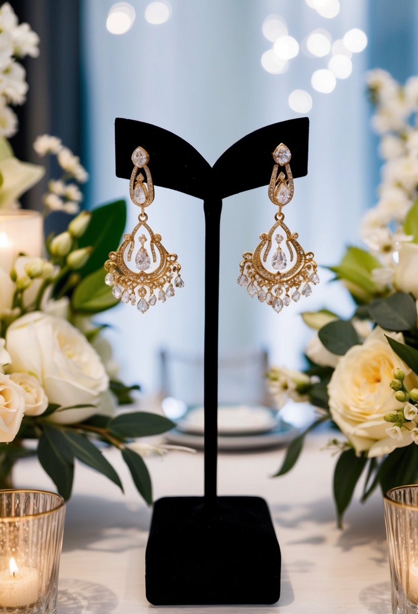 A pair of elegant gold chandelier earrings hanging from a display stand, surrounded by modern wedding decor and floral arrangements