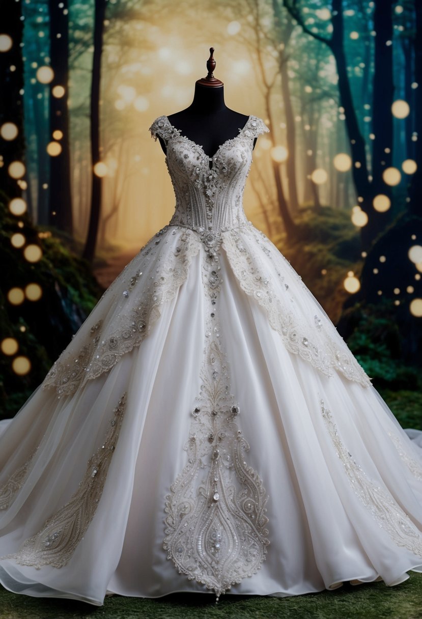 A grand, flowing gown adorned with delicate lace, shimmering beads, and intricate embroidery, set against a backdrop of enchanted forests and twinkling stars