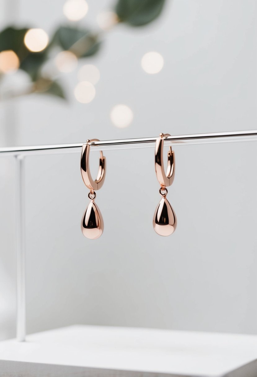 A sleek, minimalist display of rose gold drop earrings on a clean, white background