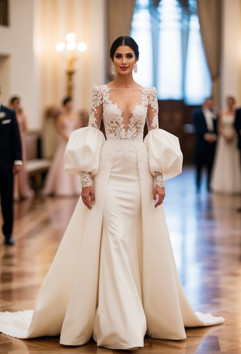 A bride stands in a grand ballroom, wearing a statement long sleeve wedding dress with bold puff sleeves, adorned with intricate lace and embroidery