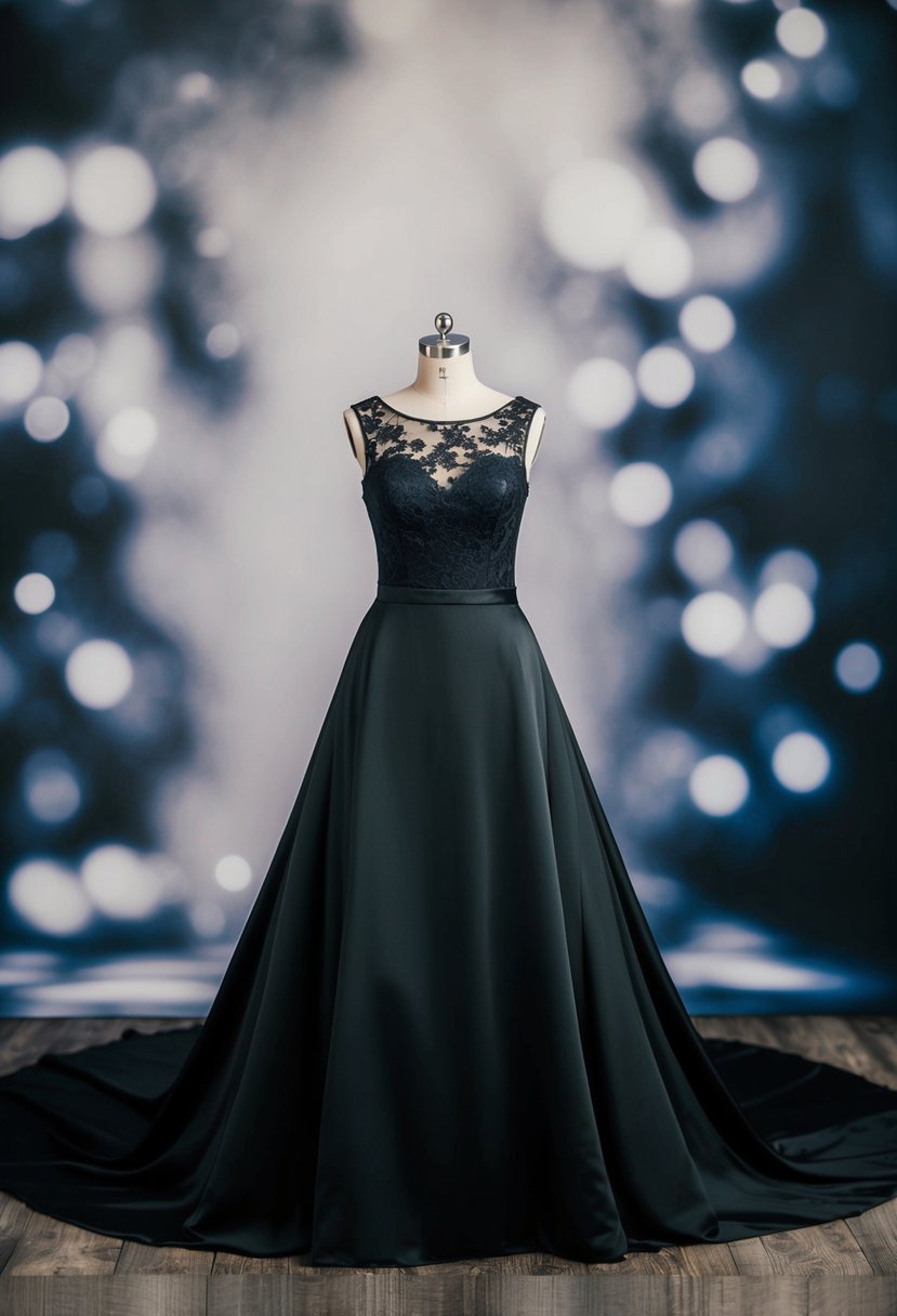 A black wedding dress with a lace illusion neckline and a flowing train, set against a dramatic backdrop