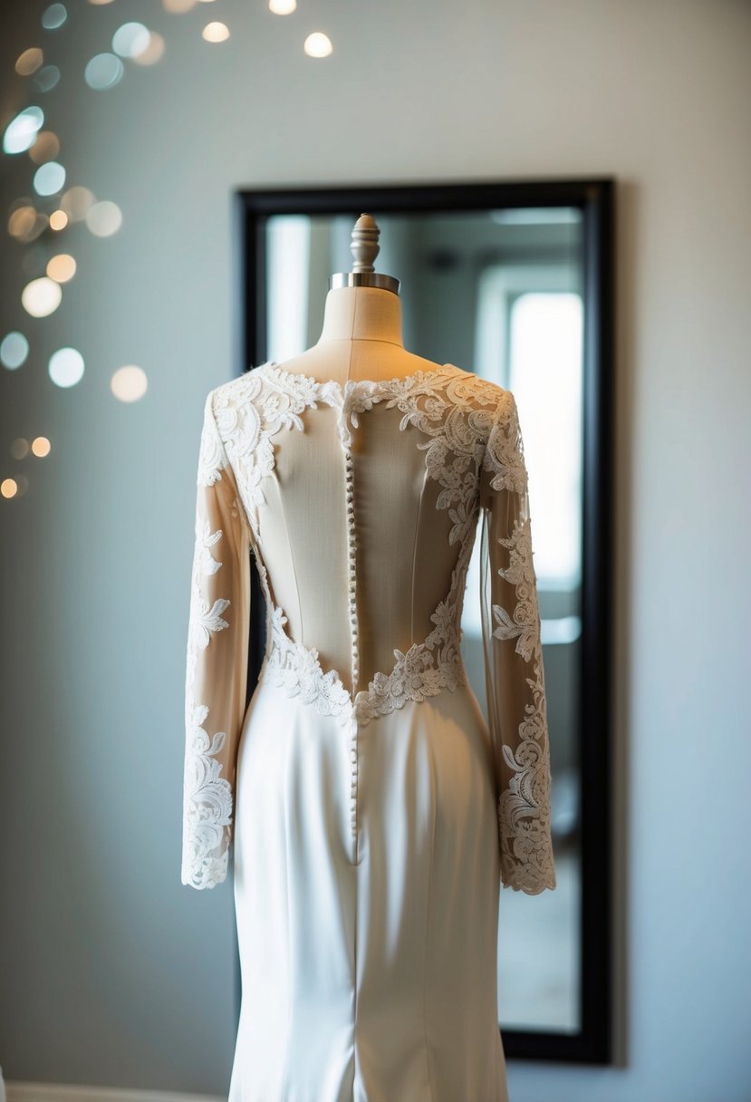 A mannequin wearing an open-back wedding dress with intricate lace sleeves, standing in front of a full-length mirror