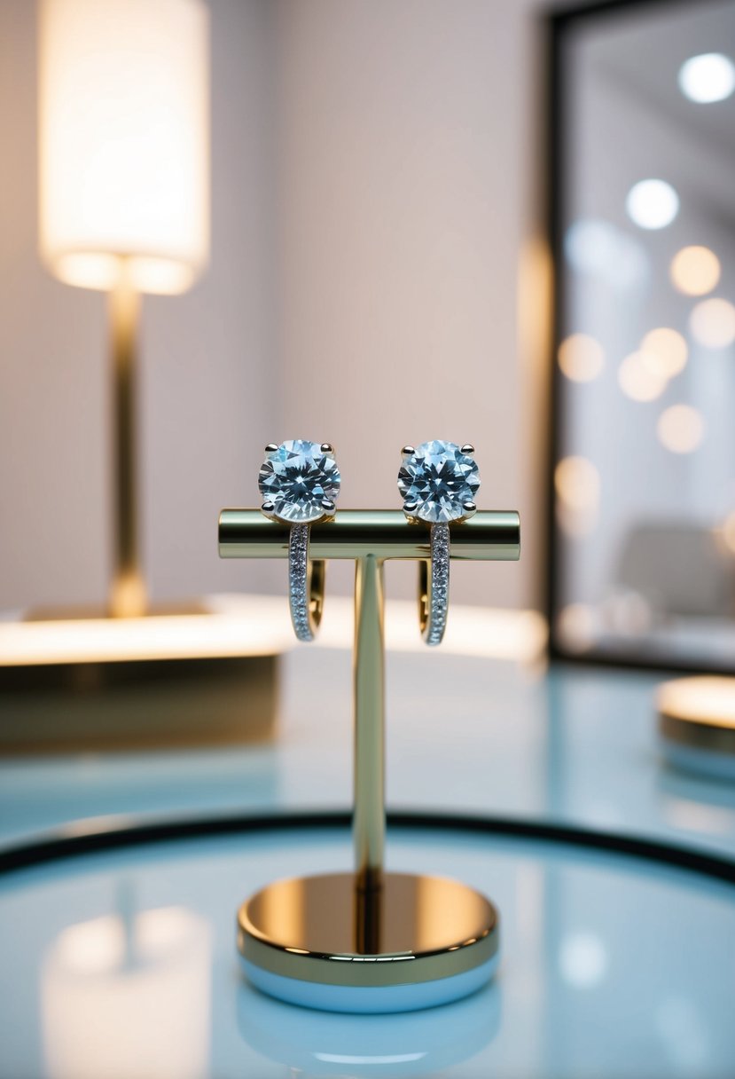 A close-up of diamond stud earrings on a sleek, minimalist display, surrounded by soft lighting and modern decor