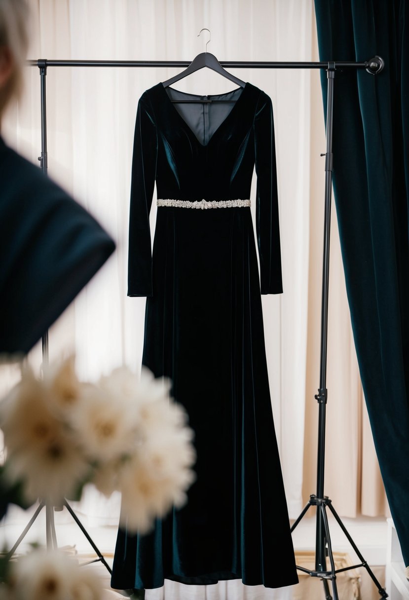 A black velvet wedding dress with long sleeves hangs on a mannequin