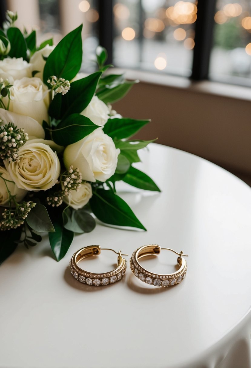 A table with elegant vintage hoops earrings next to a modern wedding bouquet