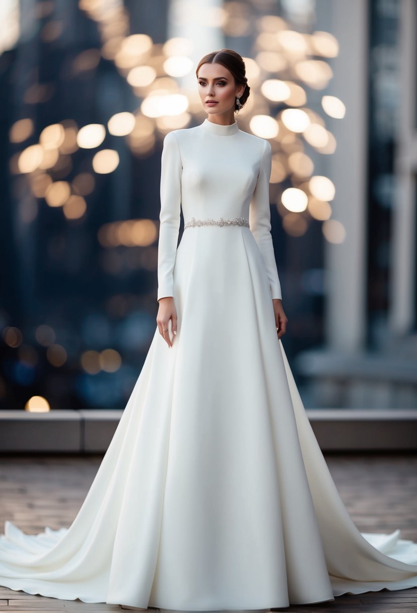 A bride standing in a long sleeve wedding dress with a high neckline, the fabric flowing down to the floor