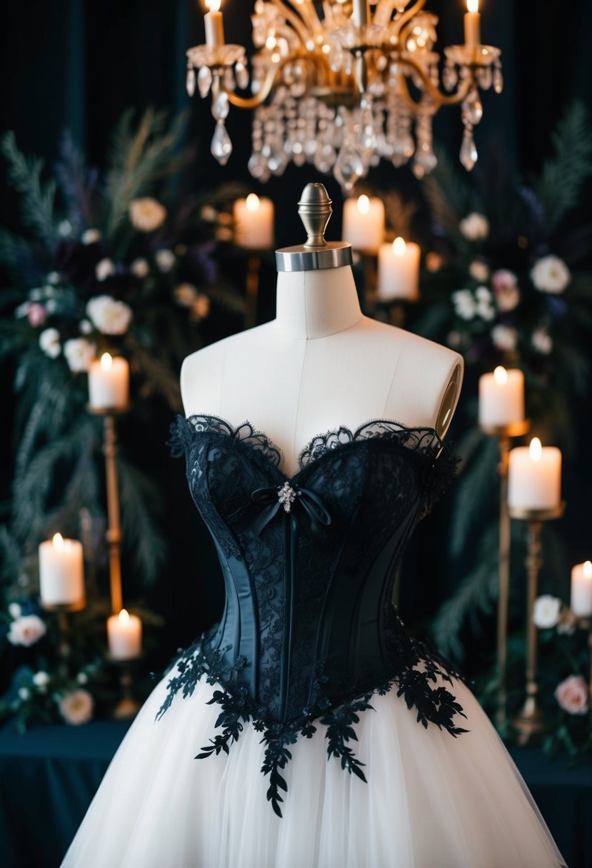 A gothic charm black wedding dress with a corset bodice, adorned with lace and intricate details, set against a backdrop of dark, moody florals and ornate candlelit chandeliers