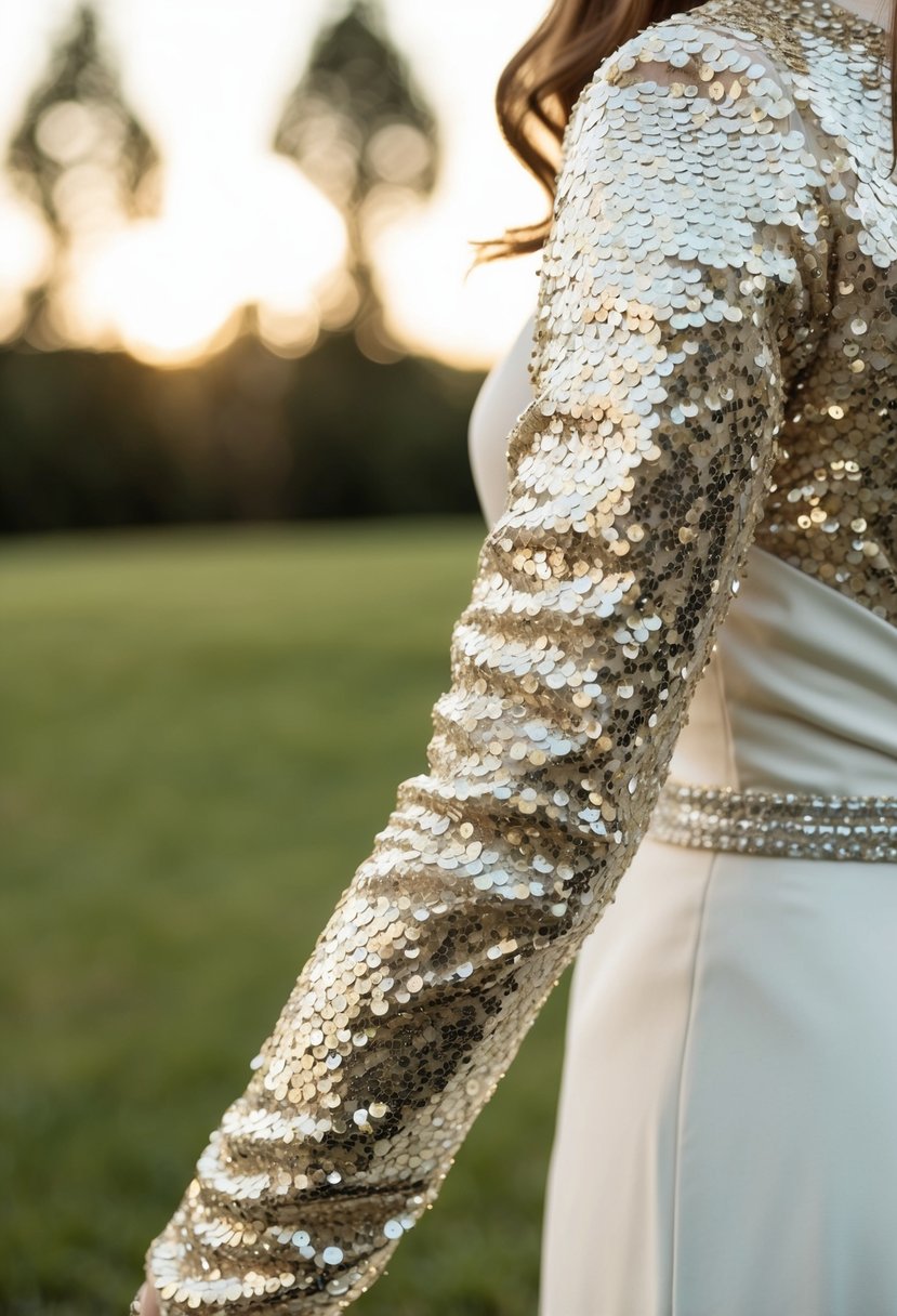 A long sleeve wedding dress with shimmering sequined sleeves cascading down the arms, adding a touch of glamour and elegance to the overall design