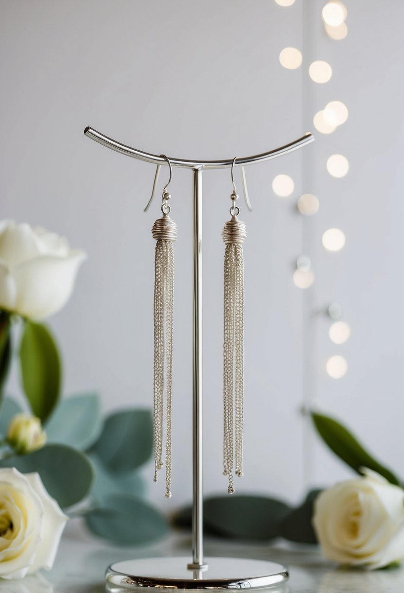 Two silver threader earrings dangling from a sleek display, surrounded by minimalist wedding decor