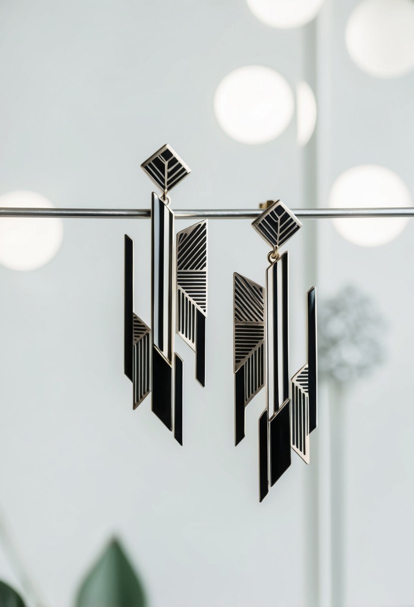 A sleek, geometric pair of art deco-inspired earrings, featuring intricate patterns and modern materials, set against a minimalist background