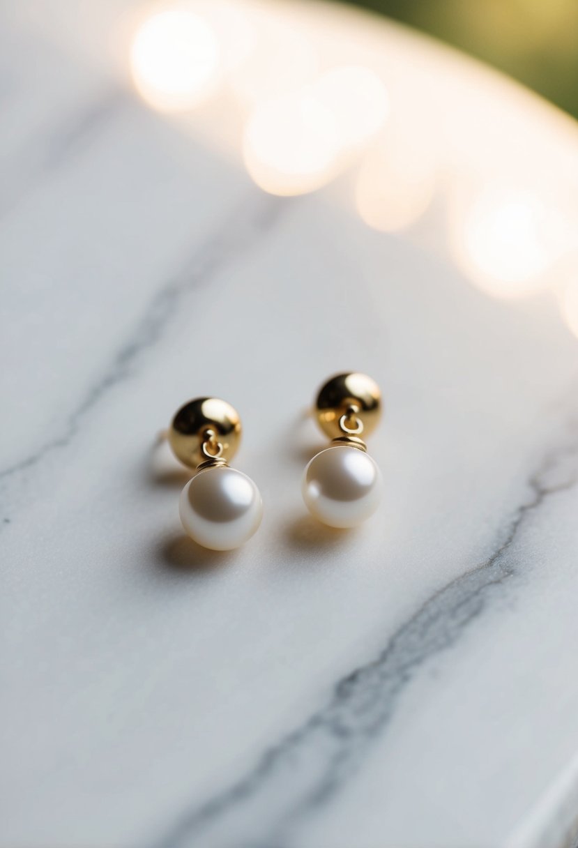 A white marble surface with two delicate pearl drop earrings, surrounded by soft natural light