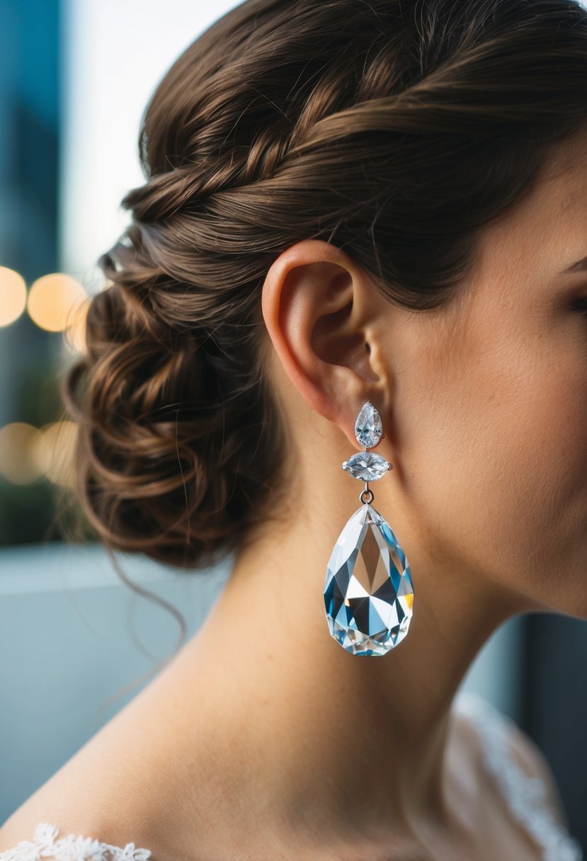 A bride's ear adorned with teardrop crystal earrings, reflecting light in a modern wedding setting