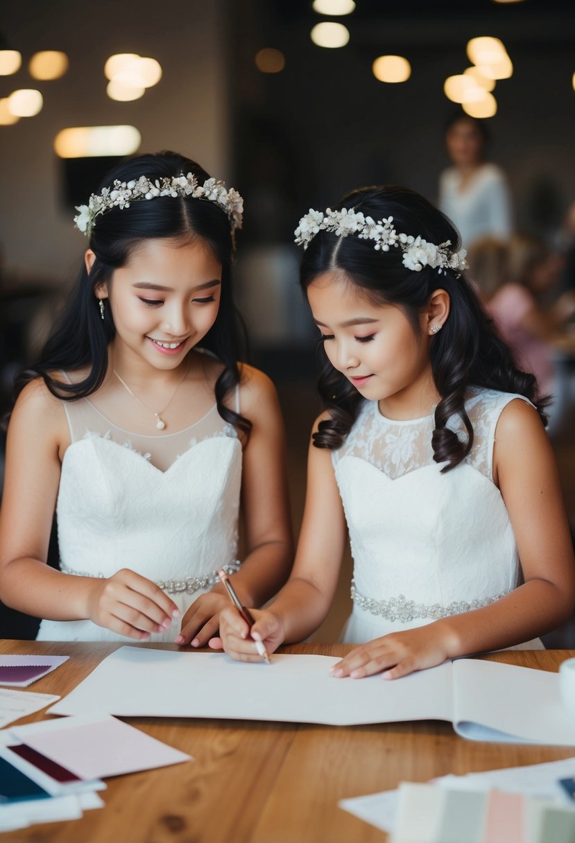 Two young girls brainstorming wedding dress ideas, surrounded by fabric swatches and sketches