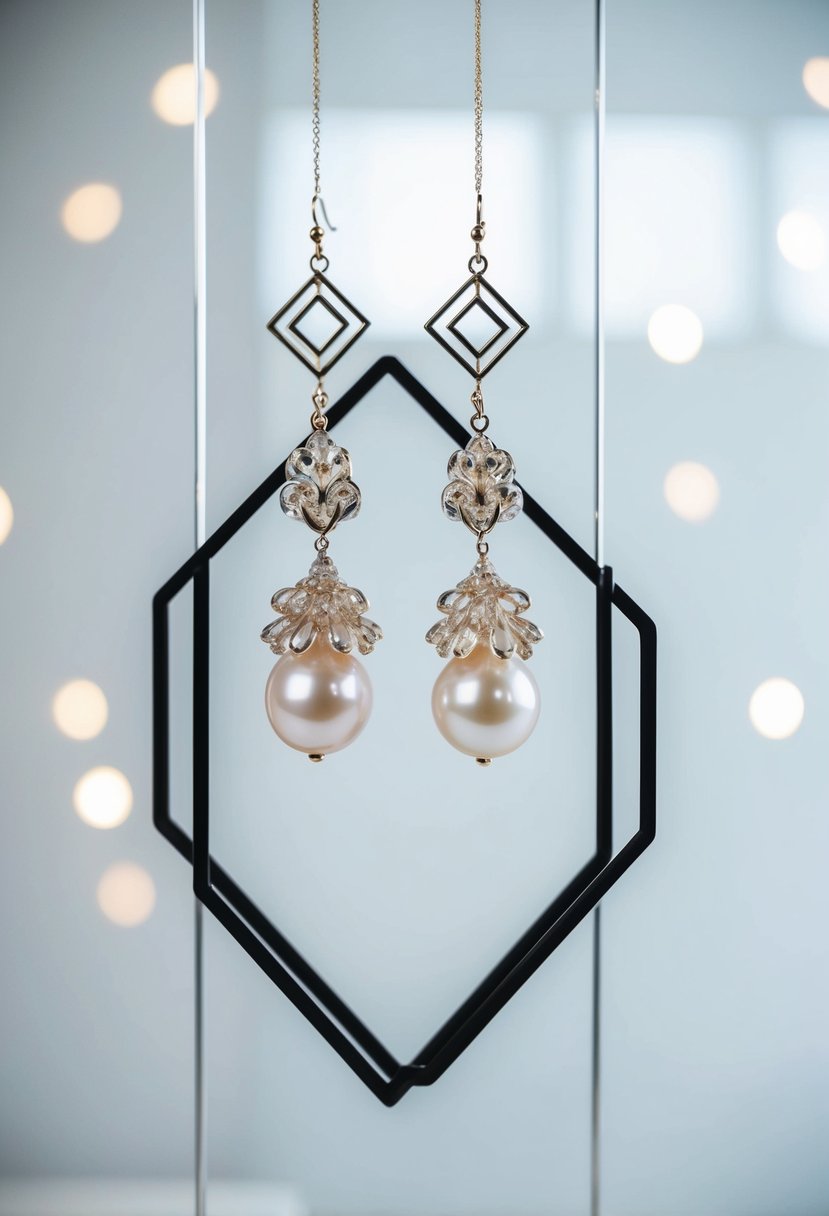 A pair of baroque pearl earrings suspended from a modern geometric frame, set against a minimalist background