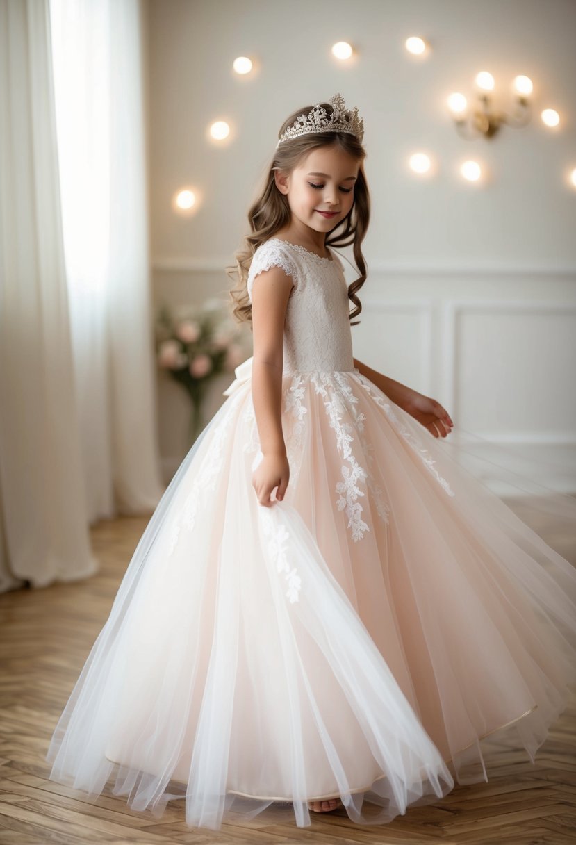 A young girl twirls in a floor-length lace and tulle gown, the fabric flowing gracefully around her as she imagines herself as a princess on her special day