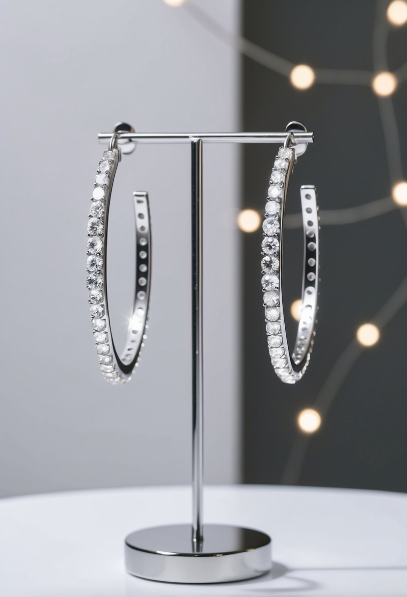 A pair of Swarovski crystal hoops suspended from a minimalist earring stand, set against a clean and modern backdrop