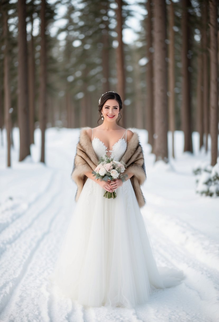 A bride standing in a snow-covered forest, wearing a flowing white gown with delicate lace detailing and a fur shawl draped over her shoulders