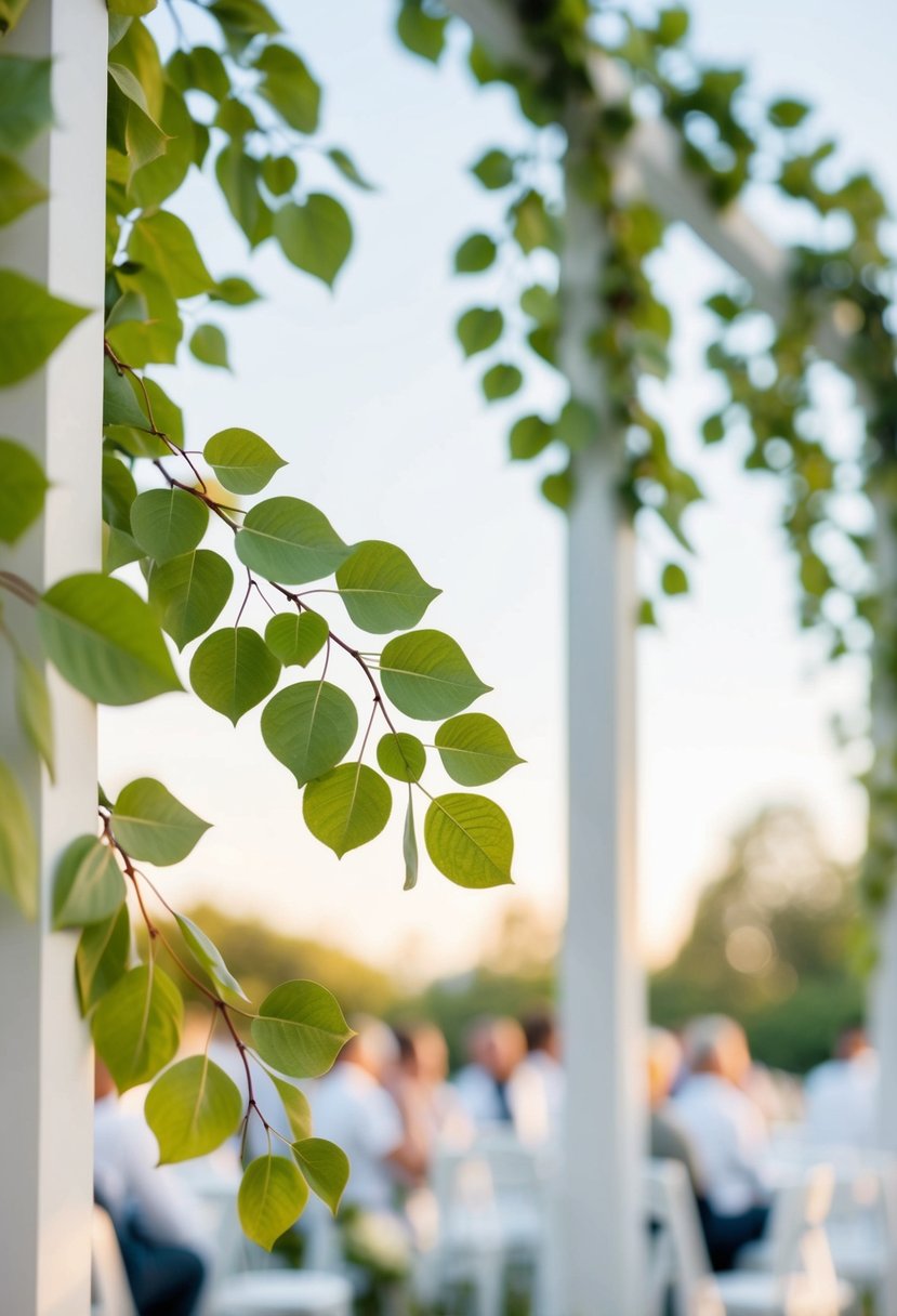 Delicate leaf climbers adorn a modern wedding scene